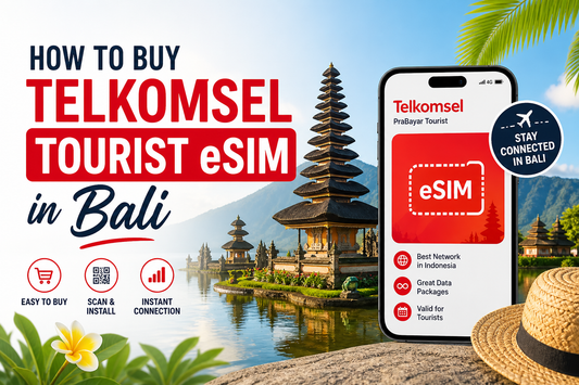 Telkomsel Tourist eSIM in Bali promotional image with smartphone mockup and Balinese temple background