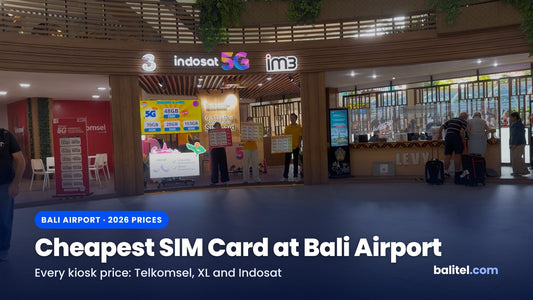 The Telkomsel and Indosat SIM card kiosks in the arrivals hall at Bali airport. The Telkomsel board shows 21GB for Rp250,000, rising to 200GB for Rp1,100,000.