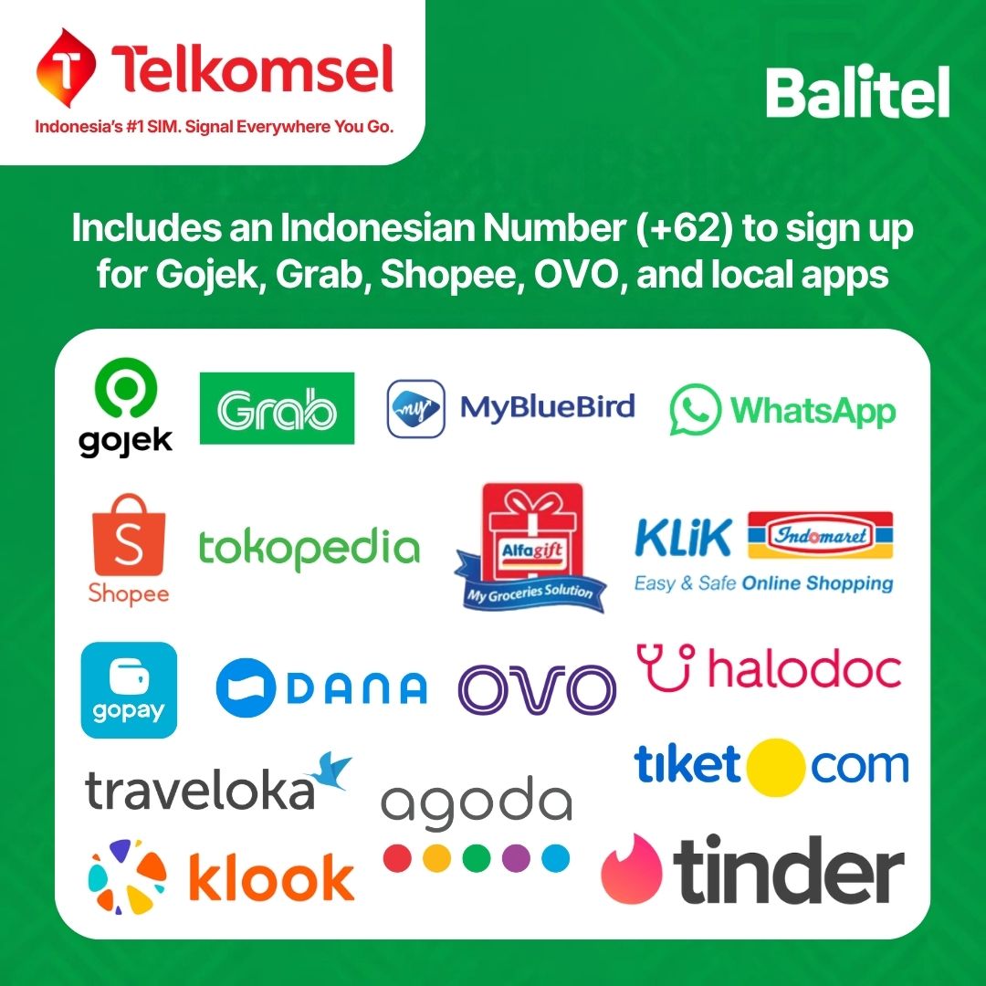 A Balitel Telkomsel eSIM includes an Indonesian +62 phone number that receives SMS codes, so you can sign up for local apps like Tinder, Gojek, Grab, GoPay, OVO, DANA, Shopee, Tokopedia, MyBluebird, Halodoc, Alfagift and Klik Indomaret.