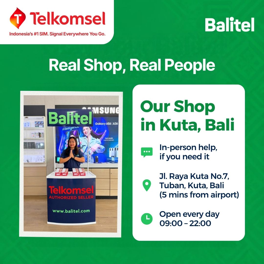Balitel staff member at the Telkomsel Authorized Seller counter in Balitel's shop at Jl. Raya Kuta No.7, Tuban, Kuta, Bali, 5 minutes from Bali airport. Open every day 09:00–22:00 for in-person eSIM help.