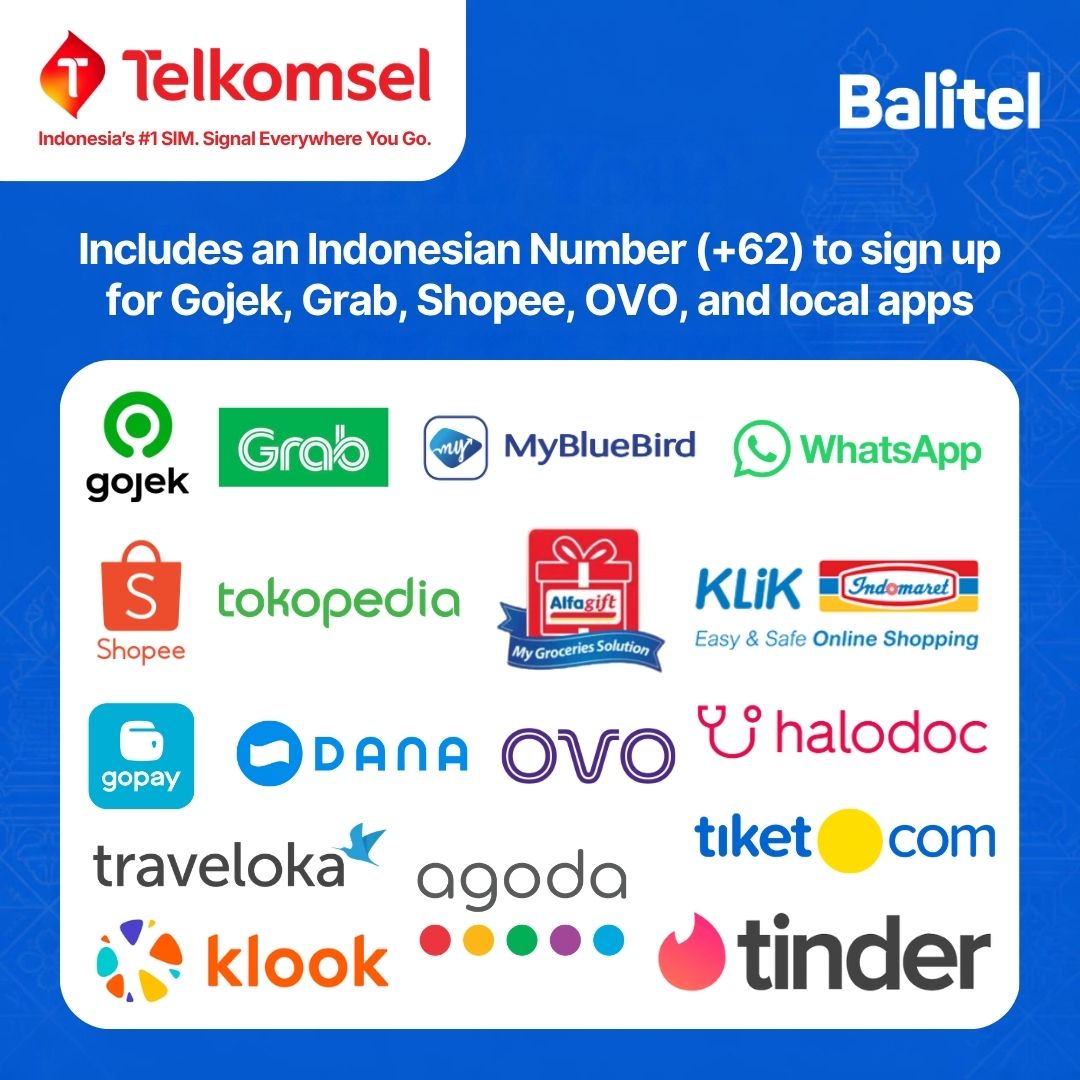 A Balitel Telkomsel eSIM includes an Indonesian +62 phone number that receives SMS codes, so you can sign up for local apps like Tinder, Gojek, Grab, GoPay, OVO, DANA, Shopee, Tokopedia, MyBluebird, Halodoc, Alfagift and Klik Indomaret.