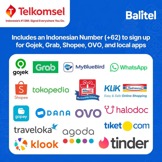 A Balitel Telkomsel eSIM includes an Indonesian +62 phone number that receives SMS codes, so you can sign up for local apps like Tinder, Gojek, Grab, GoPay, OVO, DANA, Shopee, Tokopedia, MyBluebird, Halodoc, Alfagift and Klik Indomaret.