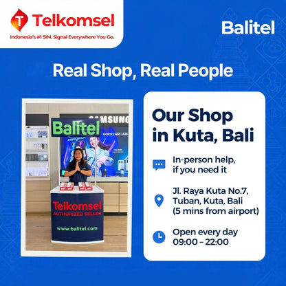 Balitel staff member at the Telkomsel Authorized Seller counter in Balitel's shop at Jl. Raya Kuta No.7, Tuban, Kuta, Bali, 5 minutes from Bali airport. Open every day 09:00–22:00 for in-person eSIM help.