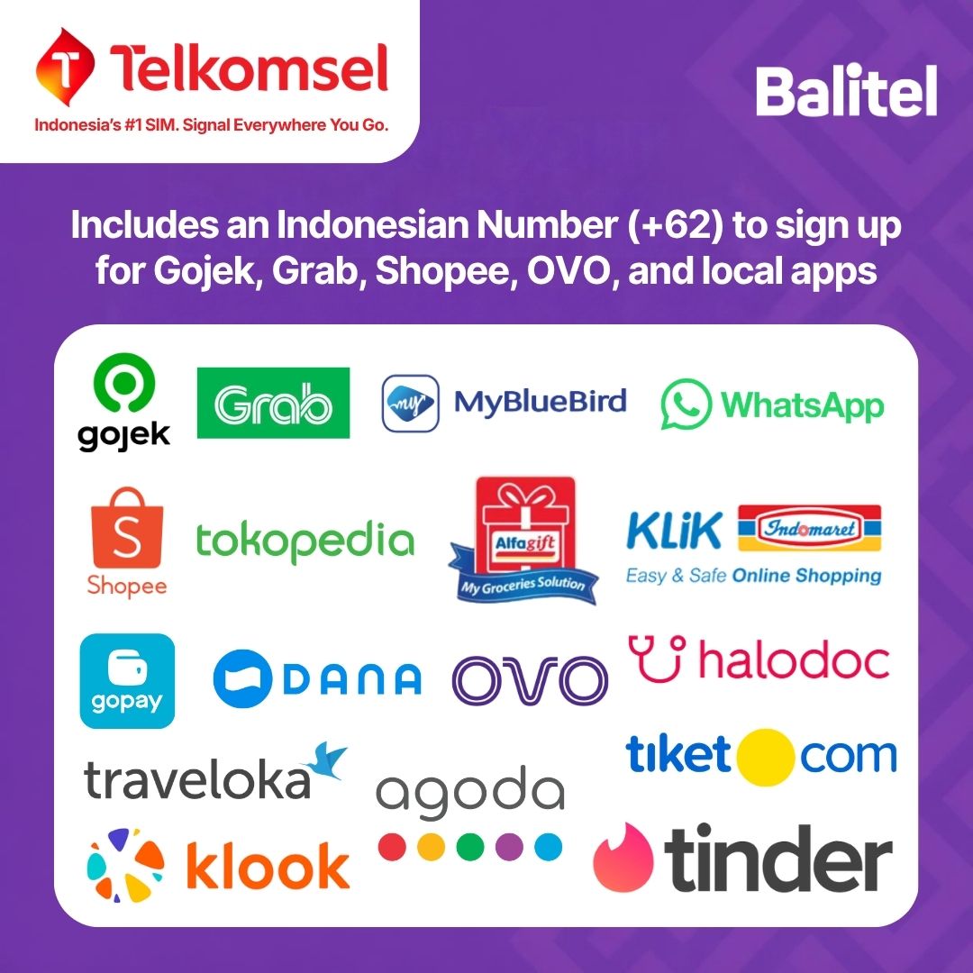 A Balitel Telkomsel eSIM includes an Indonesian +62 phone number that receives SMS codes, so you can sign up for local apps like Tinder, Gojek, Grab, GoPay, OVO, DANA, Shopee, Tokopedia, MyBluebird, Halodoc, Alfagift and Klik Indomaret.