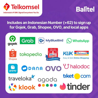 A Balitel Telkomsel eSIM includes an Indonesian +62 phone number that receives SMS codes, so you can sign up for local apps like Tinder, Gojek, Grab, GoPay, OVO, DANA, Shopee, Tokopedia, MyBluebird, Halodoc, Alfagift and Klik Indomaret.