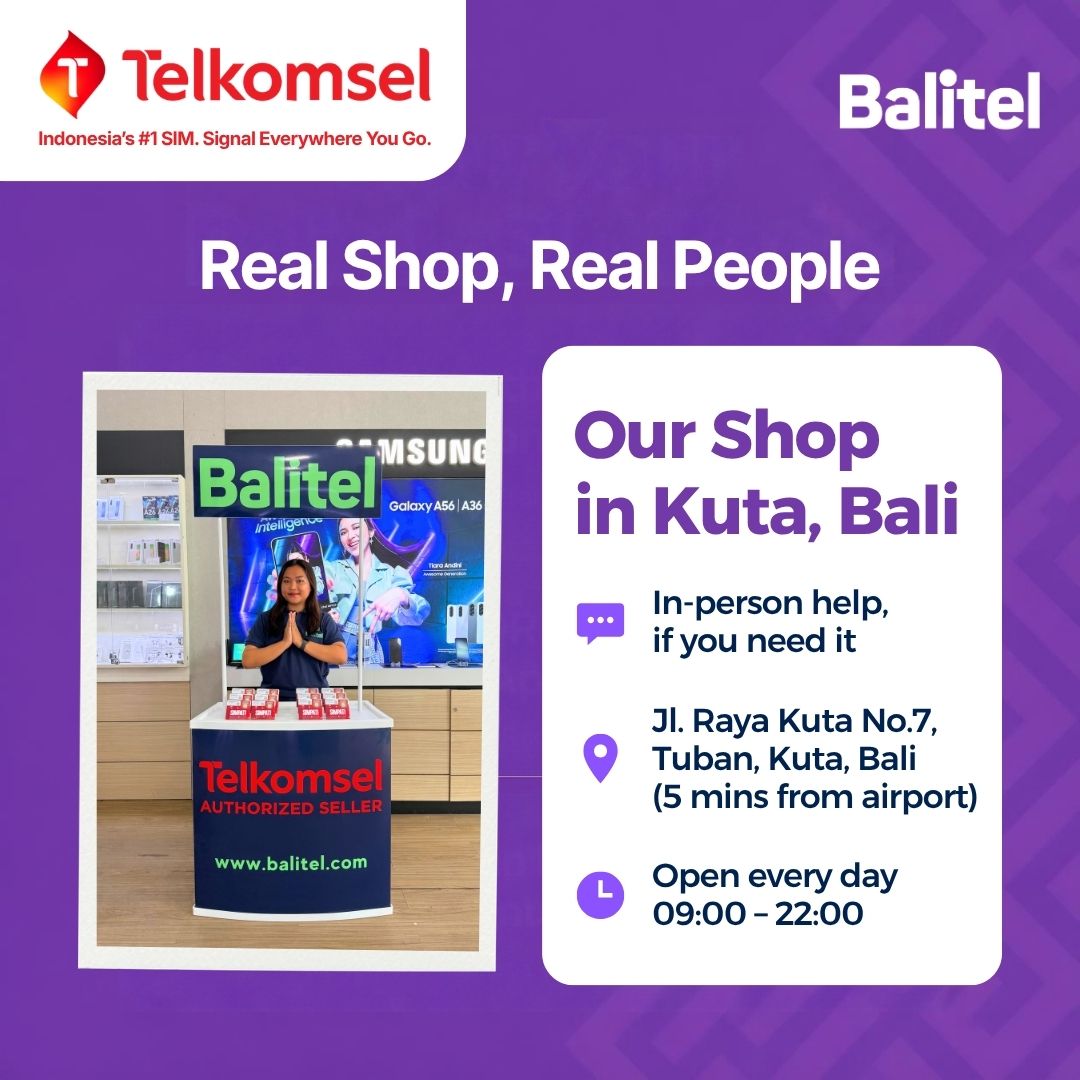 Balitel staff member at the Telkomsel Authorized Seller counter in Balitel's shop at Jl. Raya Kuta No.7, Tuban, Kuta, Bali, 5 minutes from Bali airport. Open every day 09:00–22:00 for in-person eSIM help.