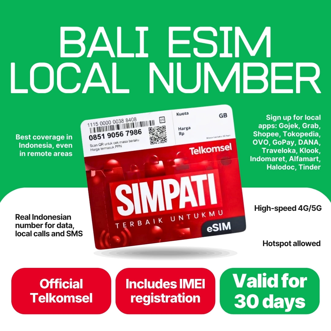 Bali eSIM with local number: 30-day Telkomsel Simpati eSIM from Balitel, an official Telkomsel reseller. Includes IMEI registration and a real Indonesian +62 number for data, local calls and SMS, to sign up for Gojek, Grab, GoPay and OVO. High-speed 4G/5G, hotspot allowed.