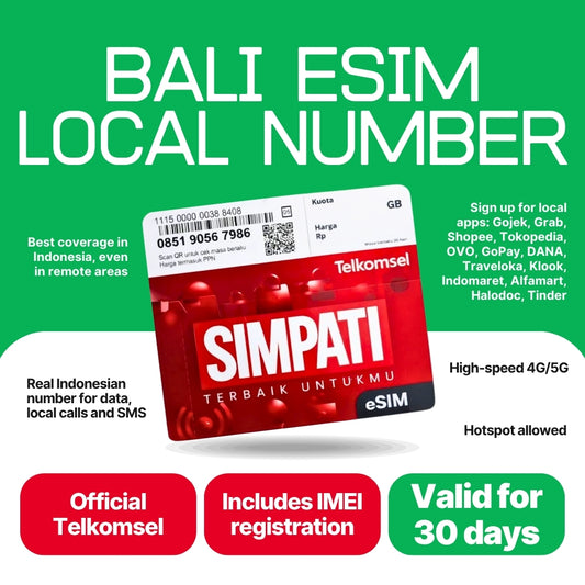 Bali eSIM with local number: 30-day Telkomsel Simpati eSIM from Balitel, an official Telkomsel reseller. Includes IMEI registration and a real Indonesian +62 number for data, local calls and SMS, to sign up for Gojek, Grab, GoPay and OVO. High-speed 4G/5G, hotspot allowed.