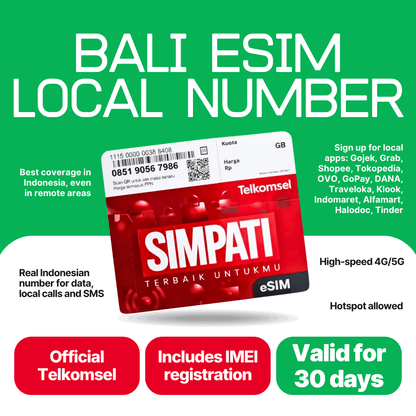 Balitel Bali eSIM for 30 days: official Telkomsel tourist eSIM with a local Indonesian +62 number, 10GB, 20GB, 53GB or 103GB of data, 30 minutes of local calls, 30 SMS and IMEI registration included.
