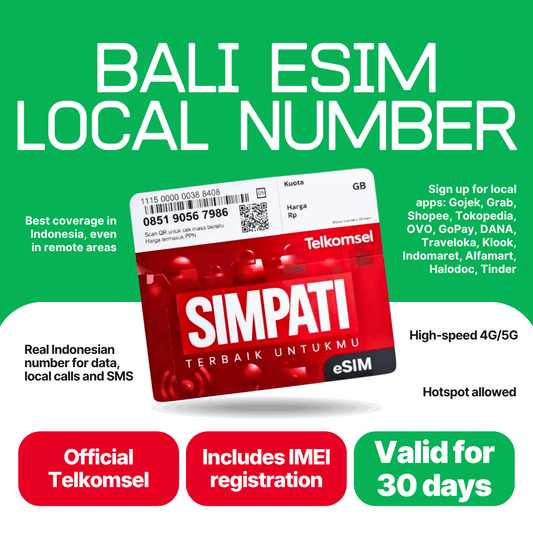 Balitel Bali eSIM for 30 days: official Telkomsel tourist eSIM with a local Indonesian +62 number, 10GB, 20GB, 53GB or 103GB of data, 30 minutes of local calls, 30 SMS and IMEI registration included.