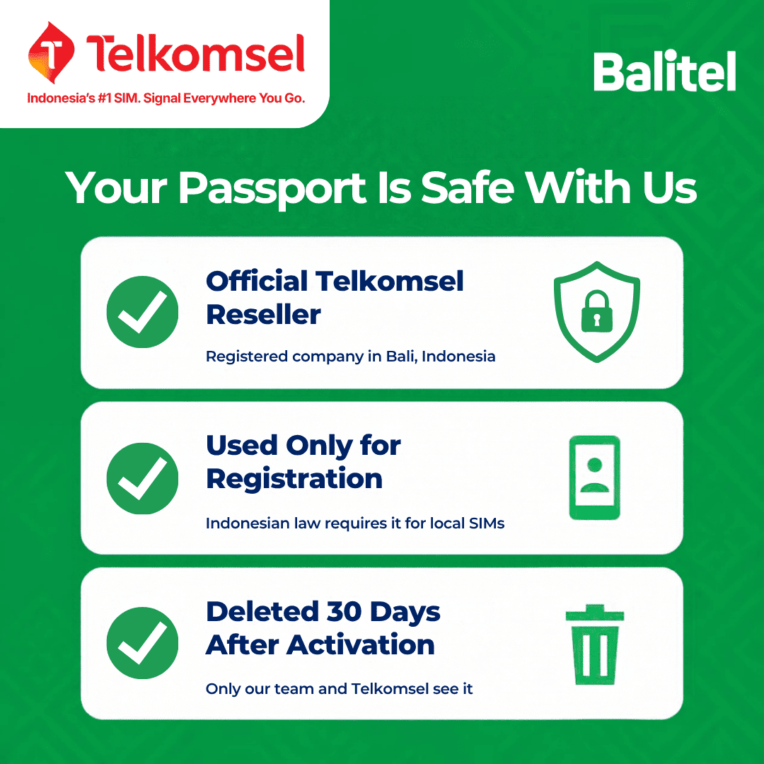 Balitel, an official Telkomsel reseller registered in Indonesia, uses your passport only for the IMEI registration Indonesian law requires for local SIMs. Only Balitel's activation team and Telkomsel see it, and Balitel deletes it 30 days after your line is activated.