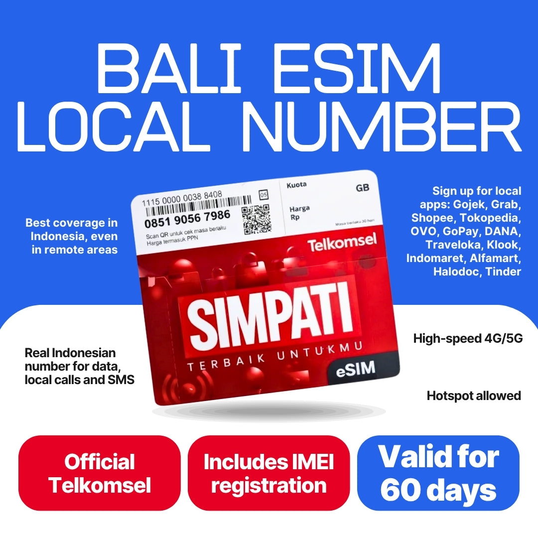 Bali eSIM with local number for long stays: 60-day Telkomsel Simpati eSIM from Balitel, an official Telkomsel reseller. 150GB data, 30 minutes of local calls and 30 SMS on a real Indonesian +62 number. Includes IMEI registration. High-speed 4G/5G, hotspot allowed.
