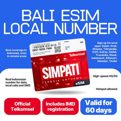 Bali eSIM with local number for long stays: 60-day Telkomsel Simpati eSIM from Balitel, an official Telkomsel reseller. 150GB data, 30 minutes of local calls and 30 SMS on a real Indonesian +62 number. Includes IMEI registration. High-speed 4G/5G, hotspot allowed.