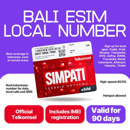 Bali eSIM with local number for long stays: 90-day Telkomsel Simpati eSIM from Balitel, an official Telkomsel reseller. 200GB data, 30 minutes of local calls and 30 SMS on a real Indonesian +62 number. Includes IMEI registration. High-speed 4G/5G, hotspot allowed.